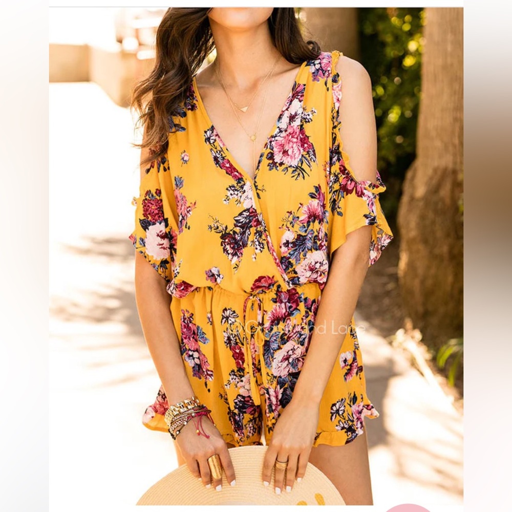 Floral mustard yellow Cold Shoulder Romper size M